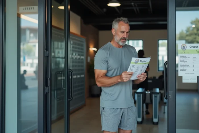 Homme lisant les tarifs d'entrée à l'unité affichés à l'entrée d'une salle de sport moderne