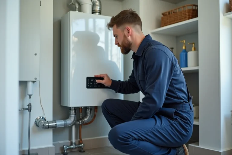 Technicien en overalls examine une chaudière gaz moderne