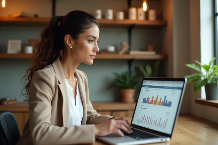 Cheffe d'entreprise d'une TPE analysant ses statistiques de visibilité en ligne sur un ordinateur portable dans son bureau