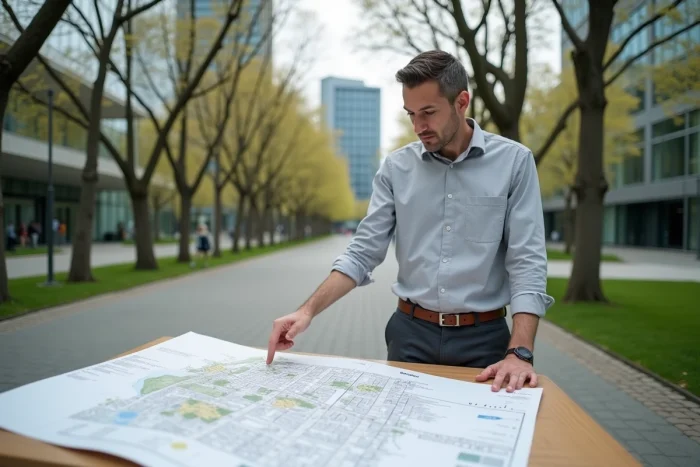 Urbaniste masculin consultant une carte de zone urbaine de 50 hectares posée sur une table en plein air dans un parc de ville européenne