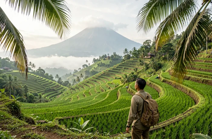 Voyageur avec sac à dos contemplant les rizières en terrasses verdoyantes de Bali en Indonésie