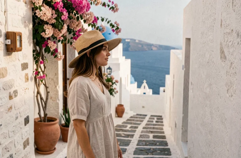 Voyageuse en robe de lin dans une ruelle pavée de Santorin avec vue sur les maisons blanches et la mer Égée